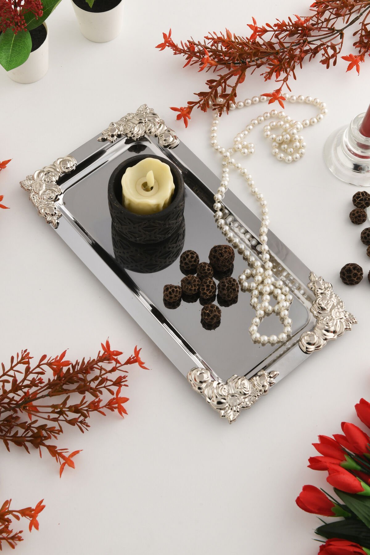 Molisi Gümüş Gümüş Süs Detaylı Kayık Kahve Sunum Tepsisi Servis Çay Tepsisi Dekoratif Tepsi