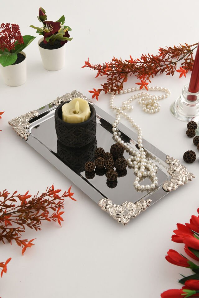 Molisi Gümüş Gümüş Süs Detaylı Kayık Kahve Sunum Tepsisi Servis Çay Tepsisi Dekoratif Tepsi