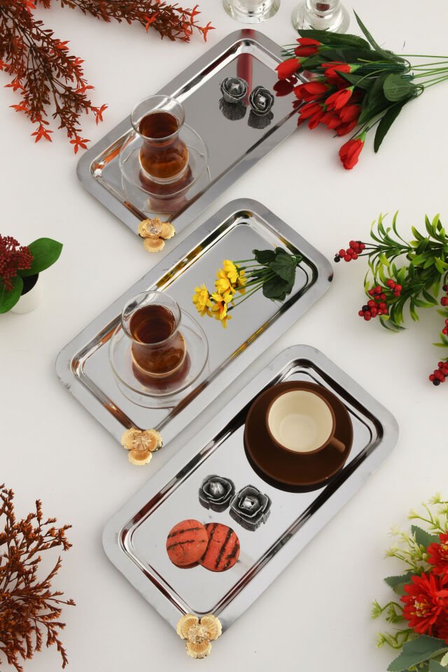 Kumbet Gümüş Dikdörtgen Paslanmaz Çelik Gold Çiçek ve Taş Detaylı 3'lü Kahve Servis Sunum Tepsisi