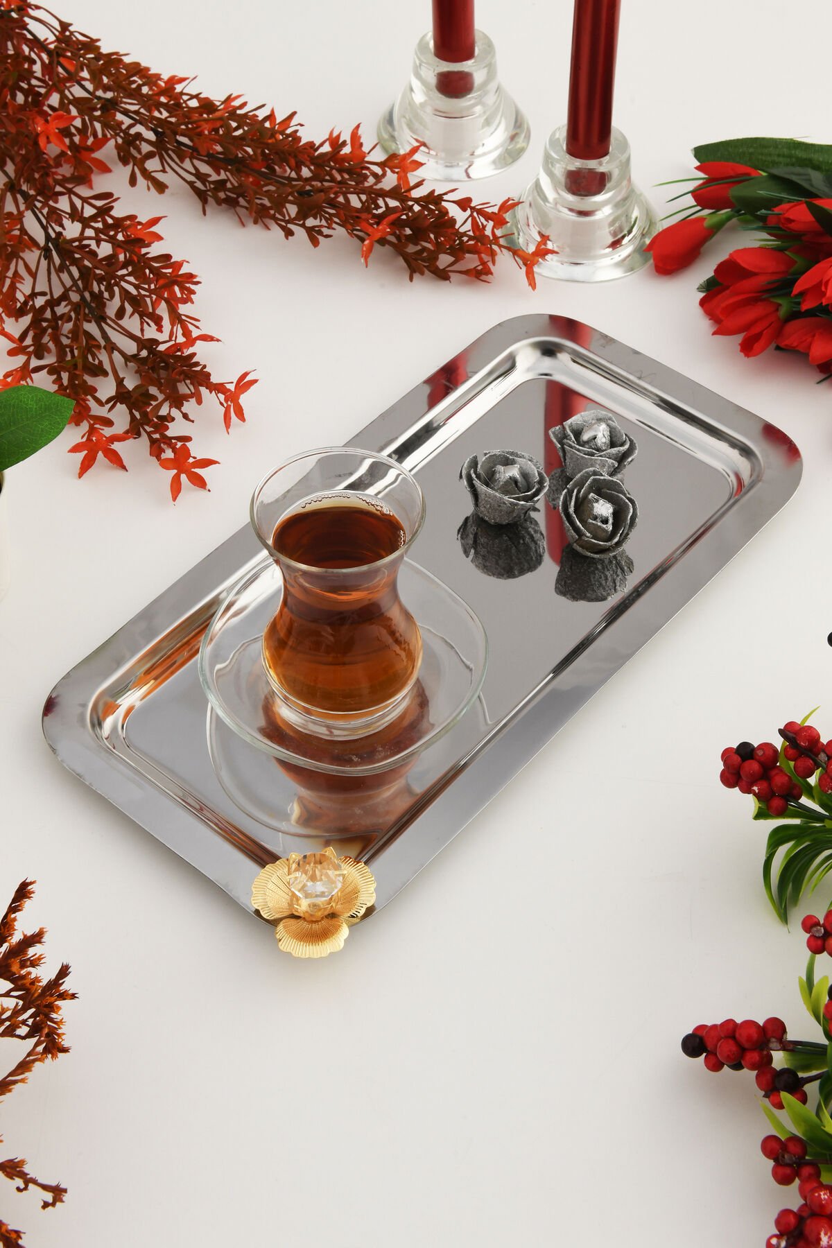 Kumbet Gümüş Dikdörtgen Paslanmaz Çelik Gold Çiçek ve Taş Detaylı Tekli Kahve Servis Sunum Tepsisi