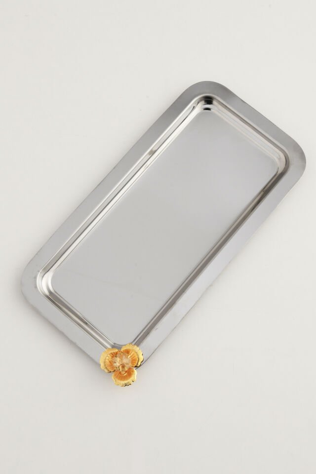 Kumbet Gümüş Dikdörtgen Paslanmaz Çelik Gold Çiçek ve Taş Detaylı Tekli Kahve Servis Sunum Tepsisi