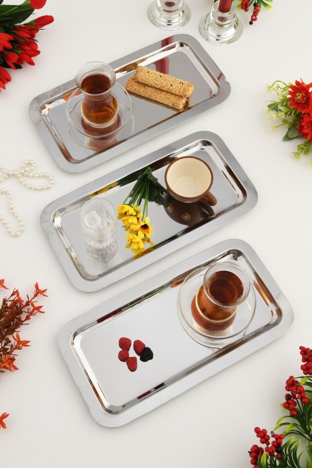 Dalin Gümüş Dikdörtgen Paslanmaz Çelik 3'lü Takım Çay Kahve Servis Sunum Tepsisi