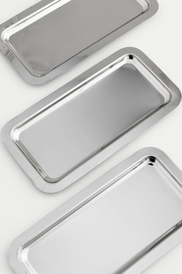 Dalin Gümüş Dikdörtgen Paslanmaz Çelik 3'lü Takım Çay Kahve Servis Sunum Tepsisi