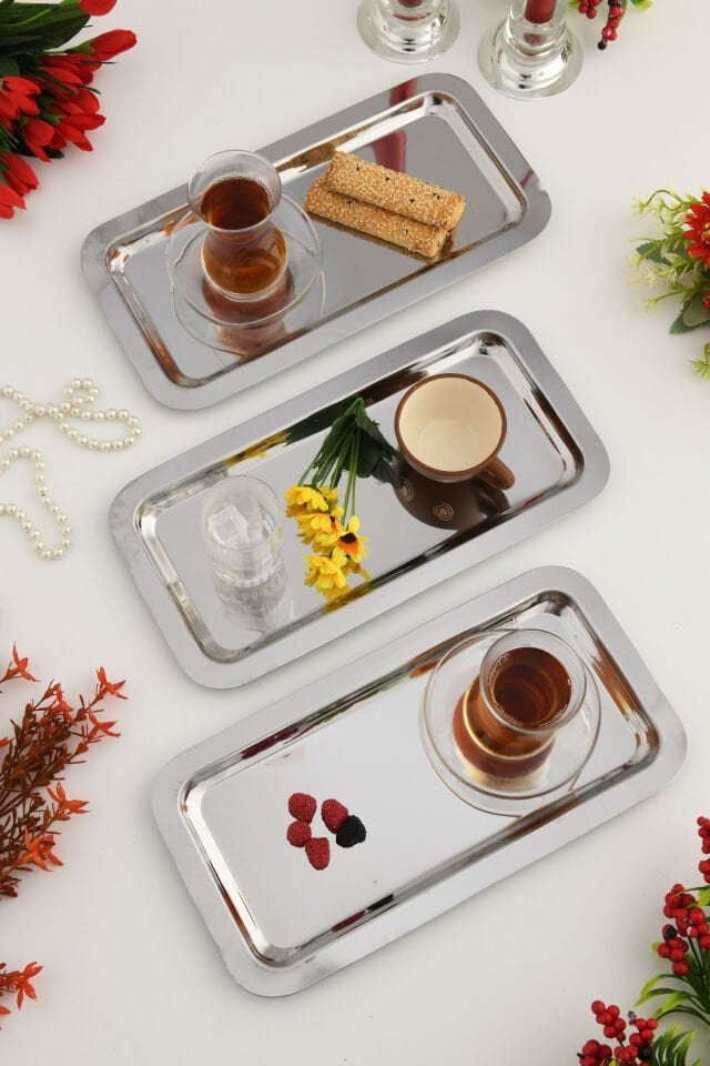 Dalin Gümüş Dikdörtgen Paslanmaz Çelik 3'lü Takım Çay Kahve Servis Sunum Tepsisi