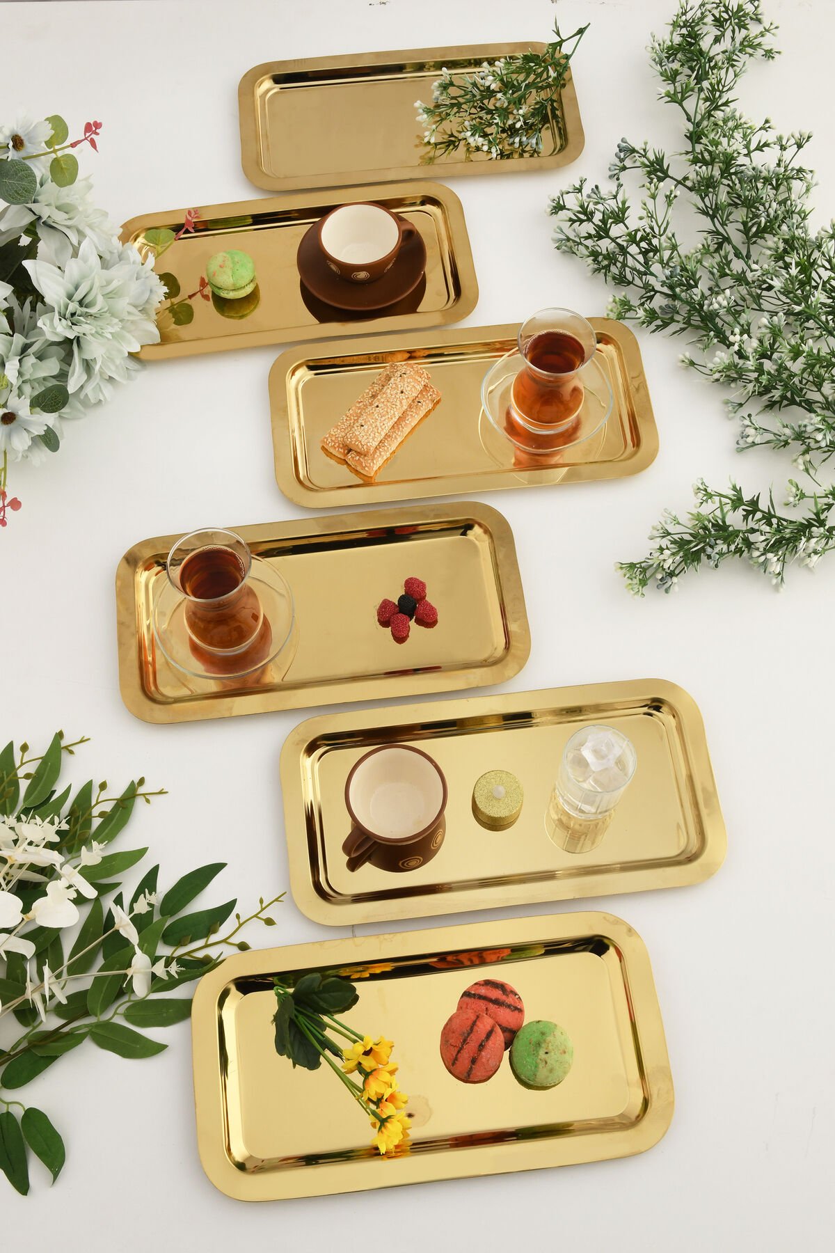 Dalin Gold Dikdörtgen Paslanmaz Çelik 6'lı Takım Çay Kahve Servis Sunum Tepsisi