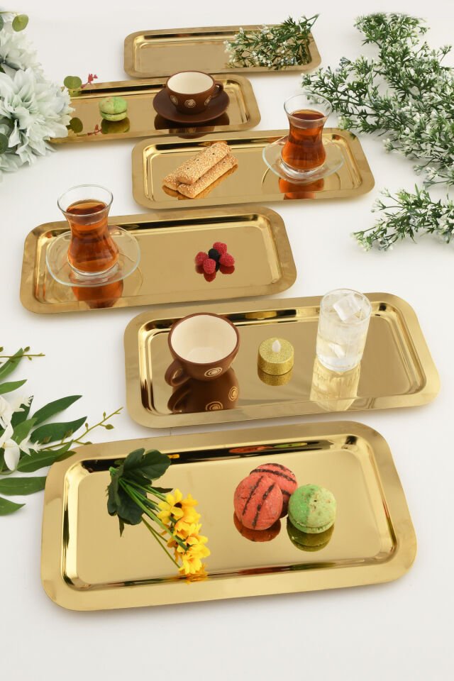 Dalin Gold Dikdörtgen Paslanmaz Çelik 6'lı Takım Çay Kahve Servis Sunum Tepsisi