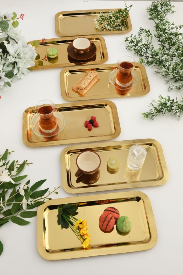 Dalin Gold Dikdörtgen Paslanmaz Çelik 6'lı Takım Çay Kahve Servis Sunum Tepsisi