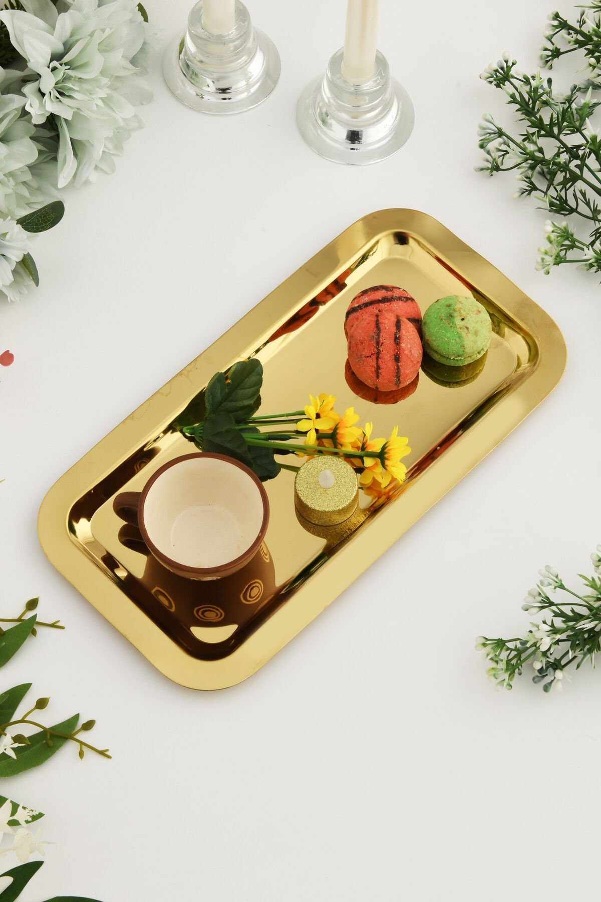 Dalin Gold Dikdörtgen Paslanmaz Çelik Tekli Çay Kahve Servis Sunum Tepsisi