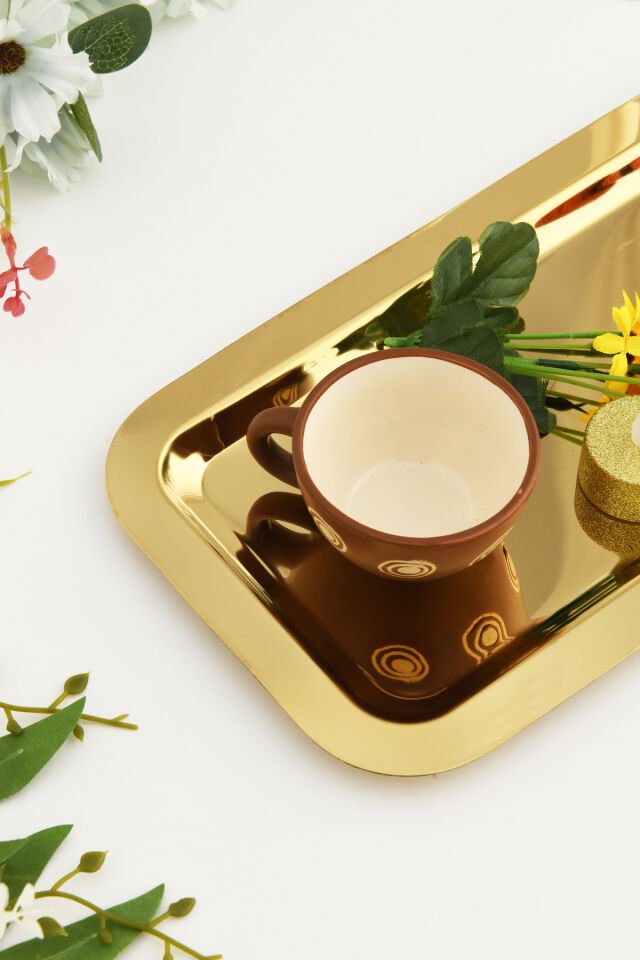 Dalin Gold Dikdörtgen Paslanmaz Çelik Tekli Çay Kahve Servis Sunum Tepsisi