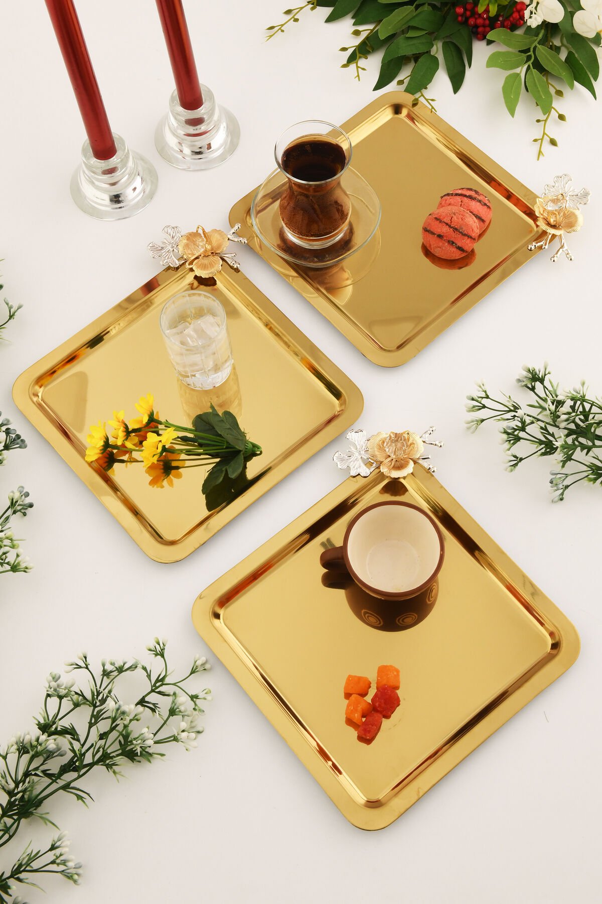 Volis Paslanmaz Çelik 3'lü Desenli Kelebek Kristal Taş Detaylı Kahve Servis Sunum Tepsisi Gold