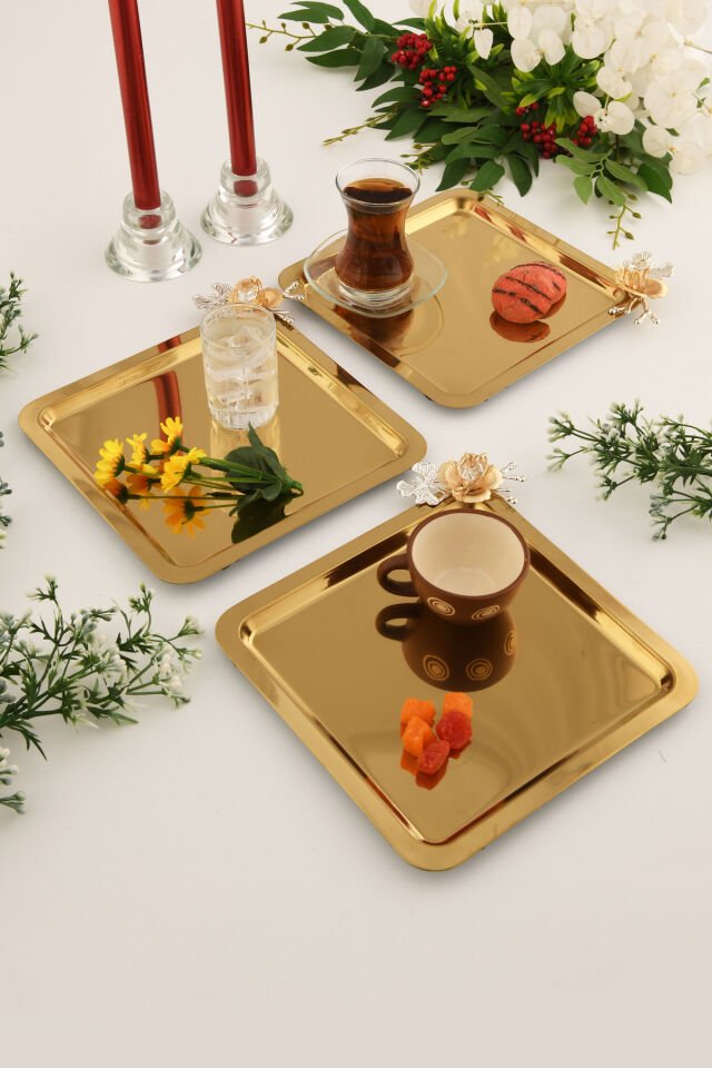Volis Paslanmaz Çelik 3'lü Desenli Kelebek Kristal Taş Detaylı Kahve Servis Sunum Tepsisi Gold
