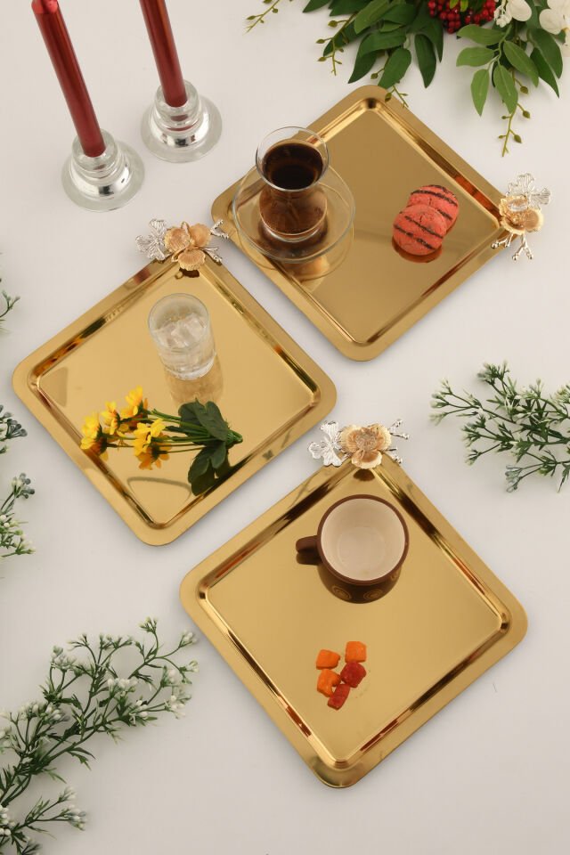 Volis Paslanmaz Çelik 3'lü Desenli Kelebek Kristal Taş Detaylı Kahve Servis Sunum Tepsisi Gold