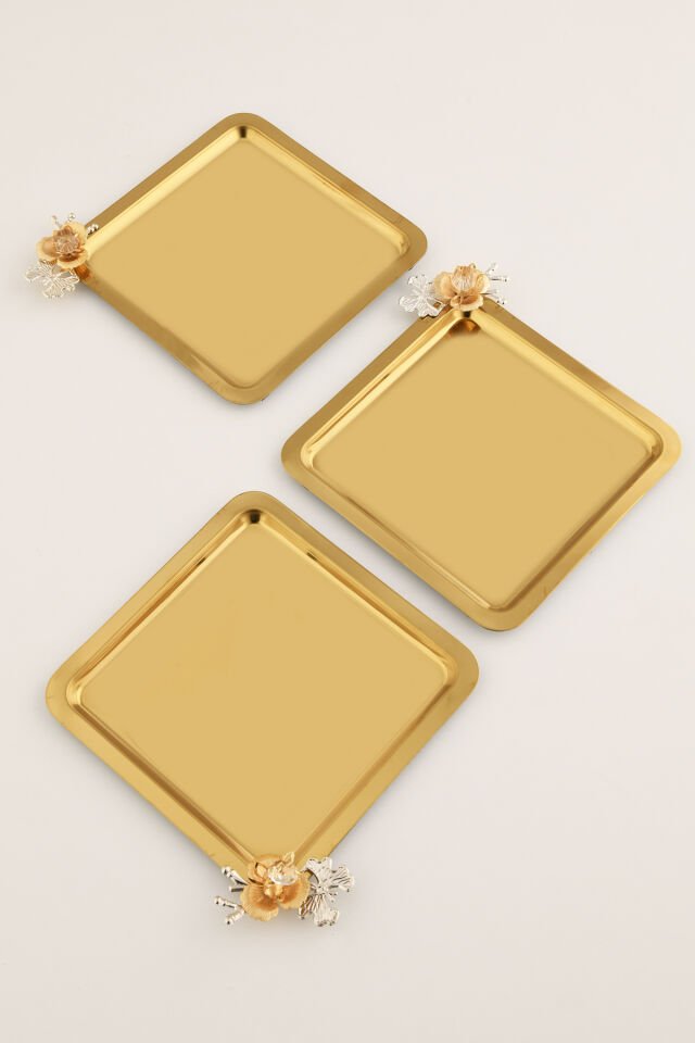 Volis Paslanmaz Çelik 3'lü Desenli Kelebek Kristal Taş Detaylı Kahve Servis Sunum Tepsisi Gold