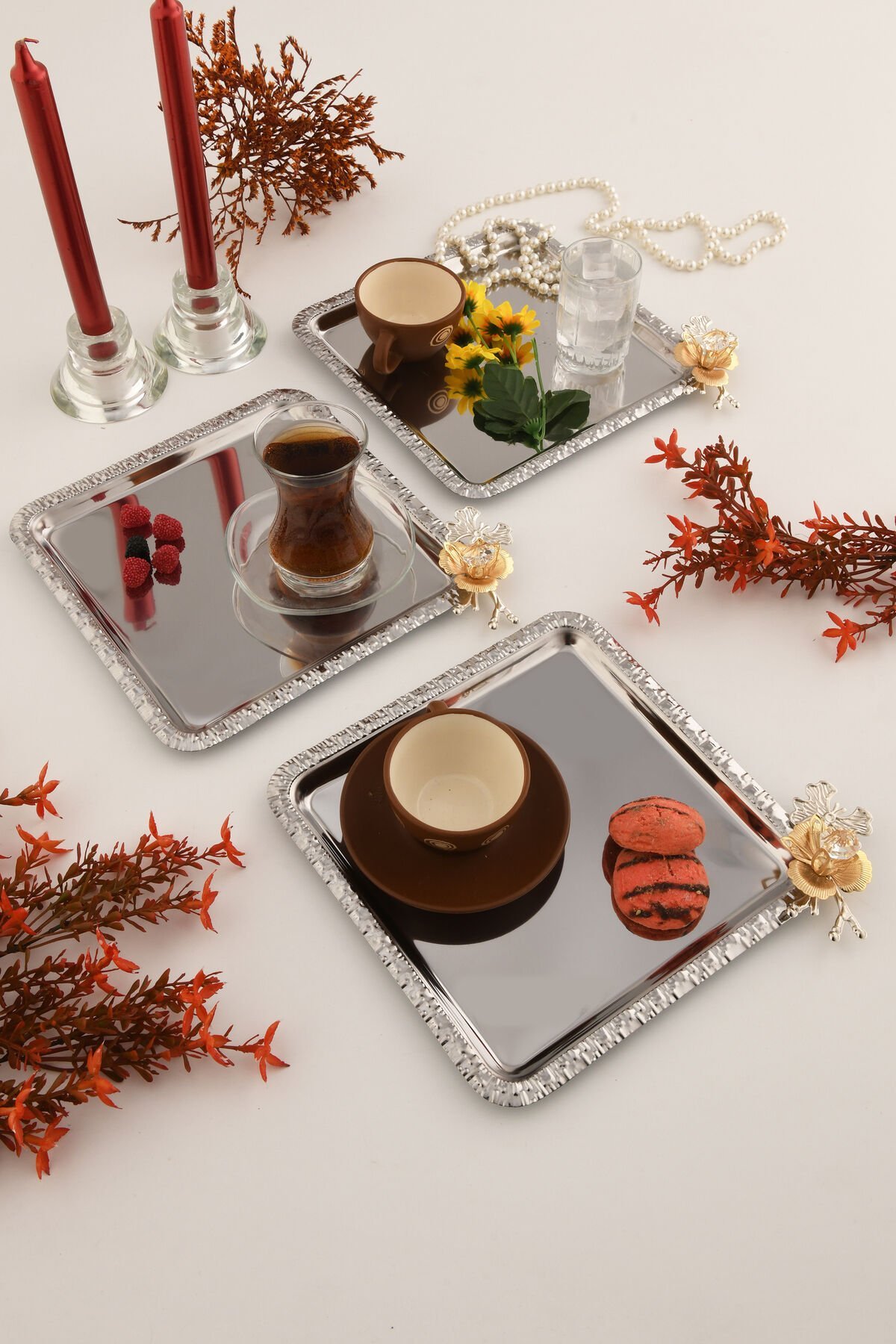 Volis Paslanmaz Çelik 3'lü Desenli Kelebek Kristal Taş Detaylı Kahve Servis Sunum Tepsisi Gümüş