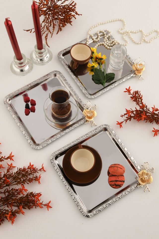 Volis Paslanmaz Çelik 3'lü Desenli Kelebek Kristal Taş Detaylı Kahve Servis Sunum Tepsisi Gümüş