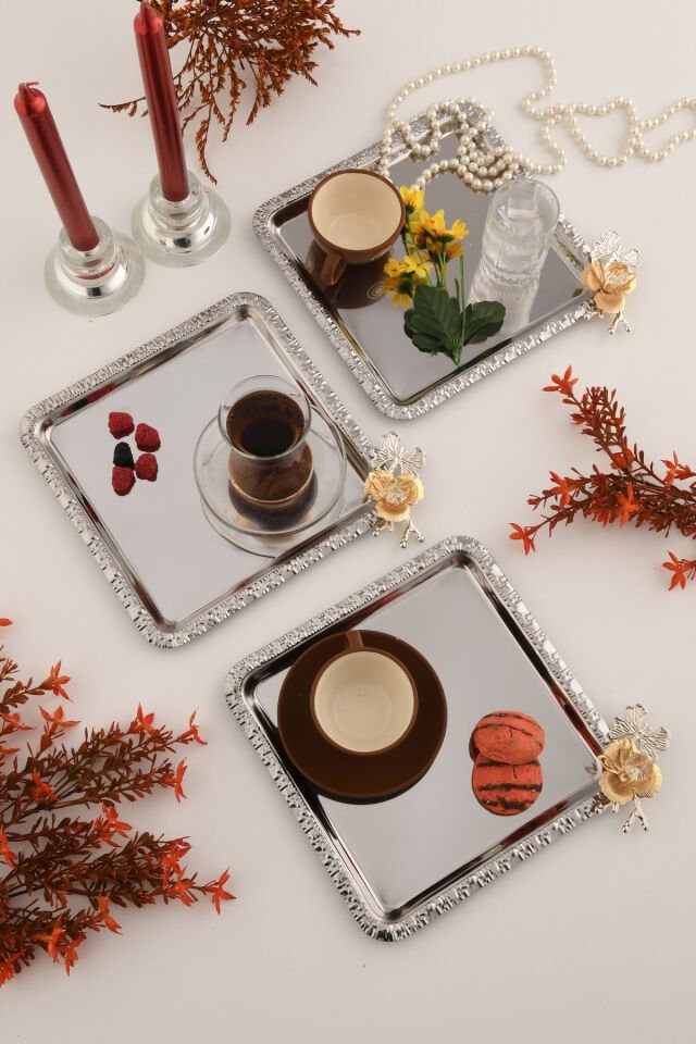 Volis Paslanmaz Çelik 3'lü Desenli Kelebek Kristal Taş Detaylı Kahve Servis Sunum Tepsisi Gümüş