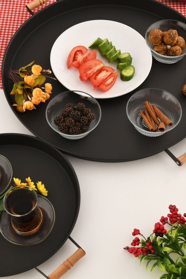 London 2'li (51, 31 CM) Siyah Sunum Metal Servis Tepsisi Takımı Kahvaltı Ahşap Kup İkramlık