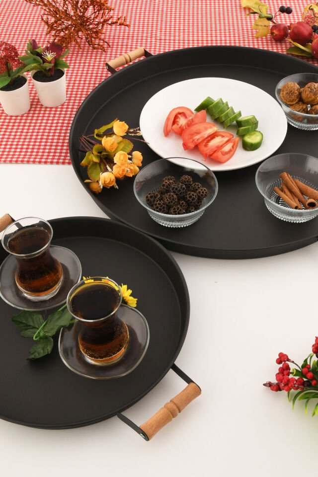 London 2'li (51, 31 CM) Siyah Sunum Metal Servis Tepsisi Takımı Kahvaltı Ahşap Kup İkramlık