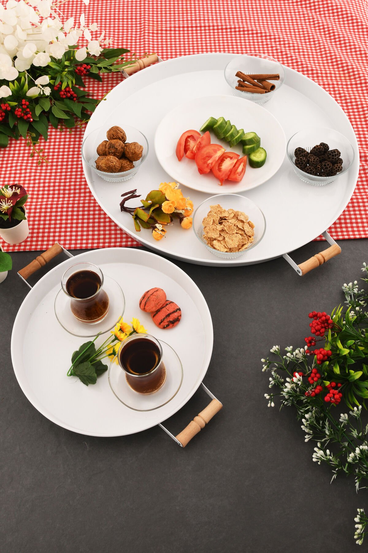 London 2'li (51, 31 CM) Beyaz Sunum Metal Servis Tepsisi Takımı Kahvaltı Ahşap Kulp İkramlık