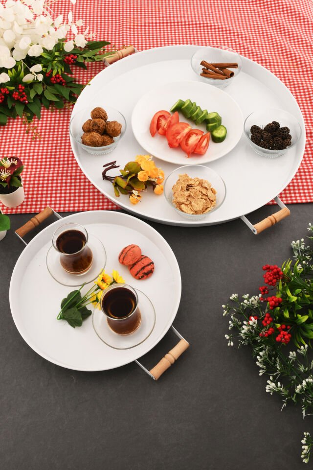 London 2'li (51, 31 CM) Beyaz Sunum Metal Servis Tepsisi Takımı Kahvaltı Ahşap Kulp İkramlık