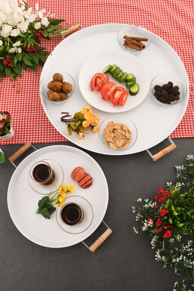 London 2'li (51, 31 CM) Beyaz Sunum Metal Servis Tepsisi Takımı Kahvaltı Ahşap Kulp İkramlık