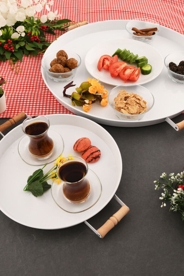 London 2'li (51, 31 CM) Beyaz Sunum Metal Servis Tepsisi Takımı Kahvaltı Ahşap Kulp İkramlık