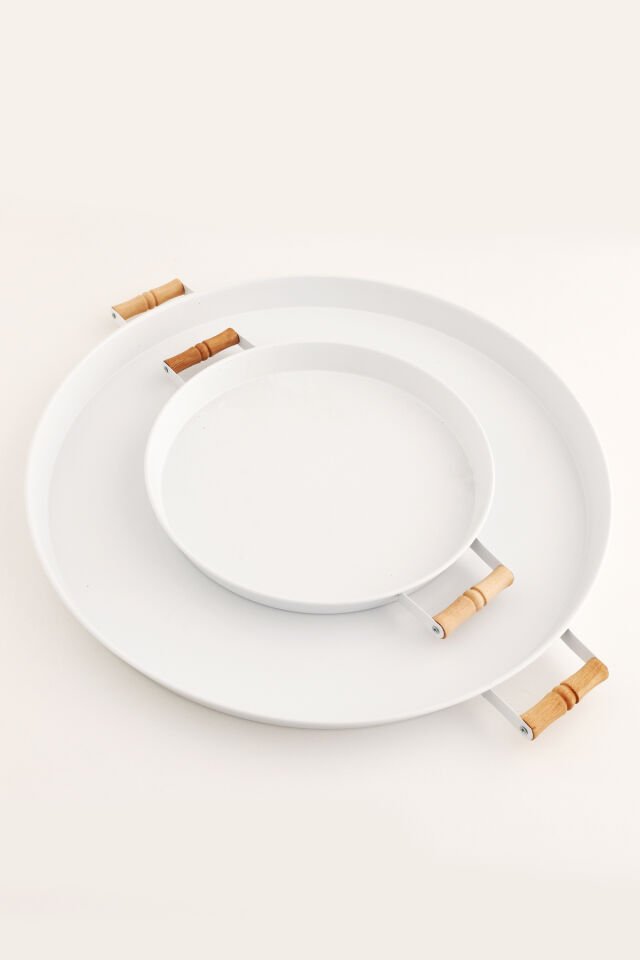 London 2'li (51, 31 CM) Beyaz Sunum Metal Servis Tepsisi Takımı Kahvaltı Ahşap Kulp İkramlık