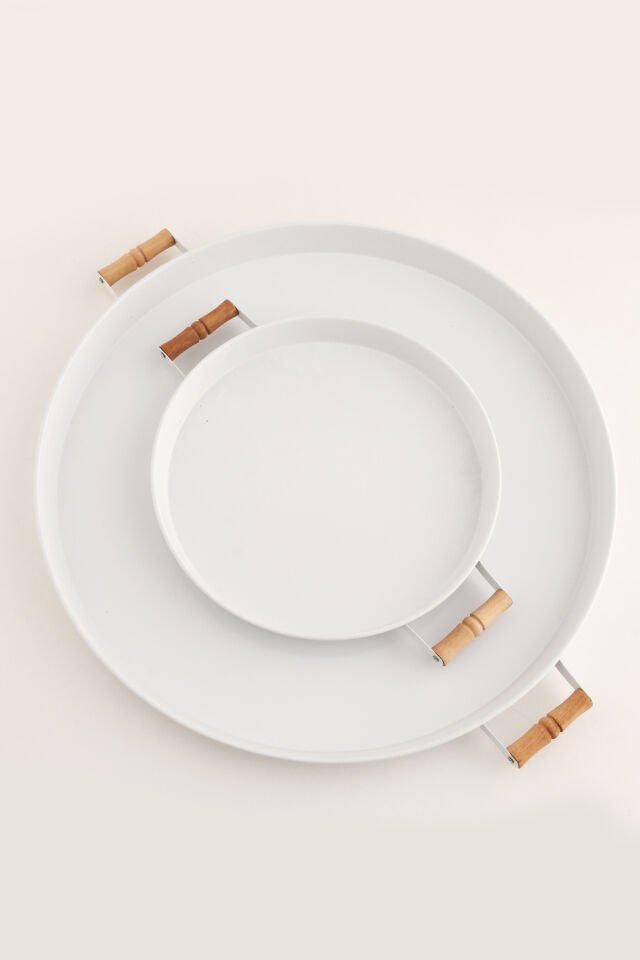 London 2'li (51, 31 CM) Beyaz Sunum Metal Servis Tepsisi Takımı Kahvaltı Ahşap Kulp İkramlık