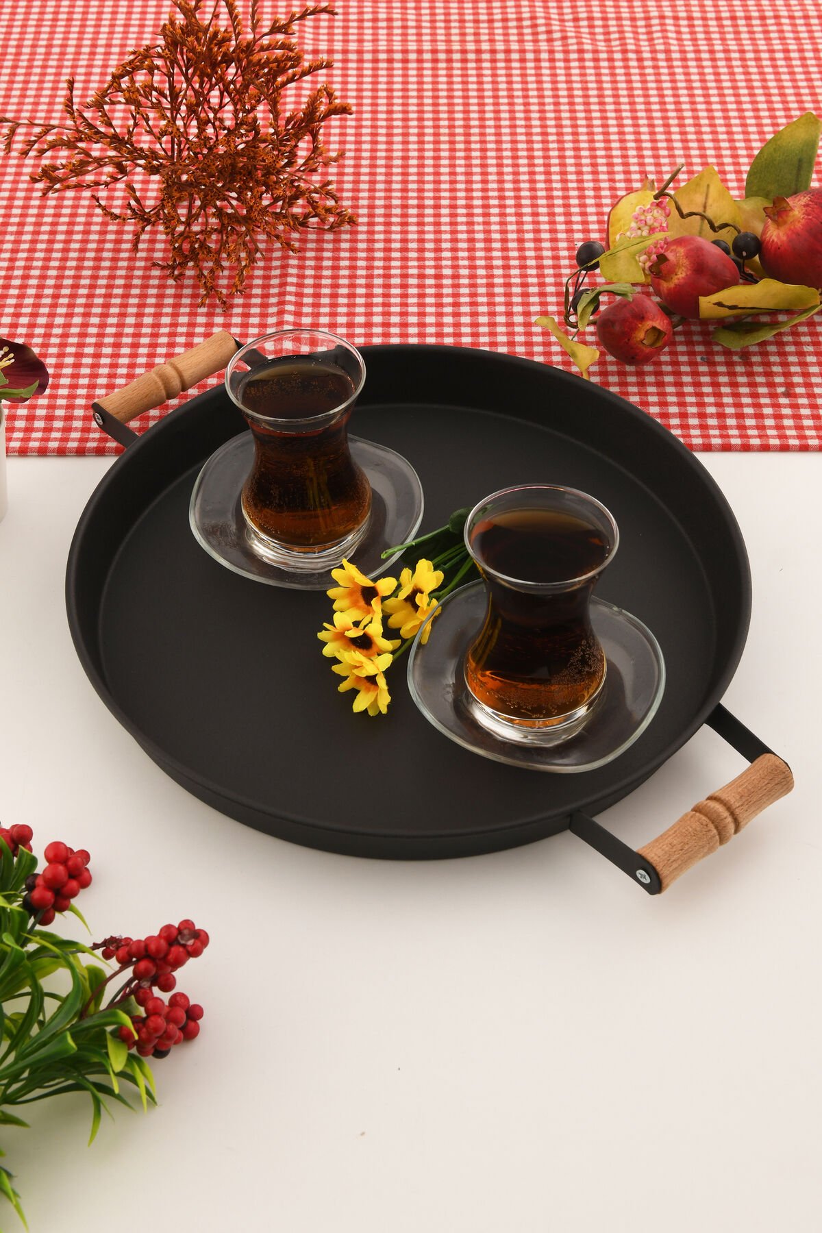 London 31 cm Siyah Sunum Metal Servis Tepsisi Takımı Kahvaltı Ahşap Kulp İkramlık