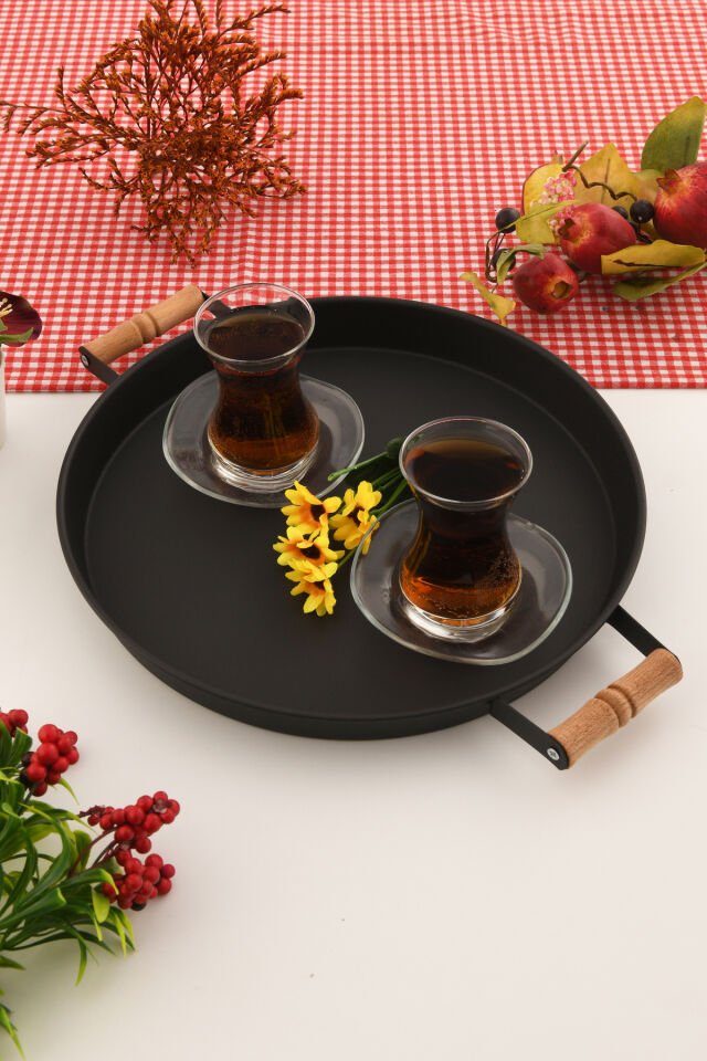London 31 cm Siyah Sunum Metal Servis Tepsisi Takımı Kahvaltı Ahşap Kulp İkramlık