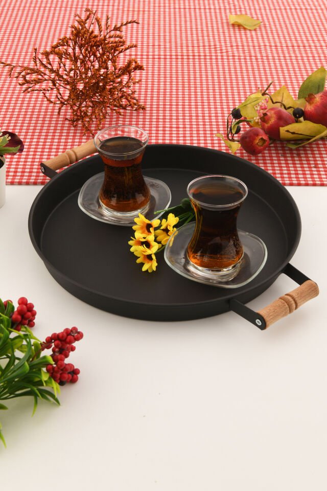 London 31 cm Siyah Sunum Metal Servis Tepsisi Takımı Kahvaltı Ahşap Kulp İkramlık