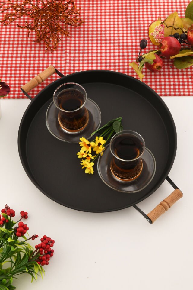 London 31 cm Siyah Sunum Metal Servis Tepsisi Takımı Kahvaltı Ahşap Kulp İkramlık