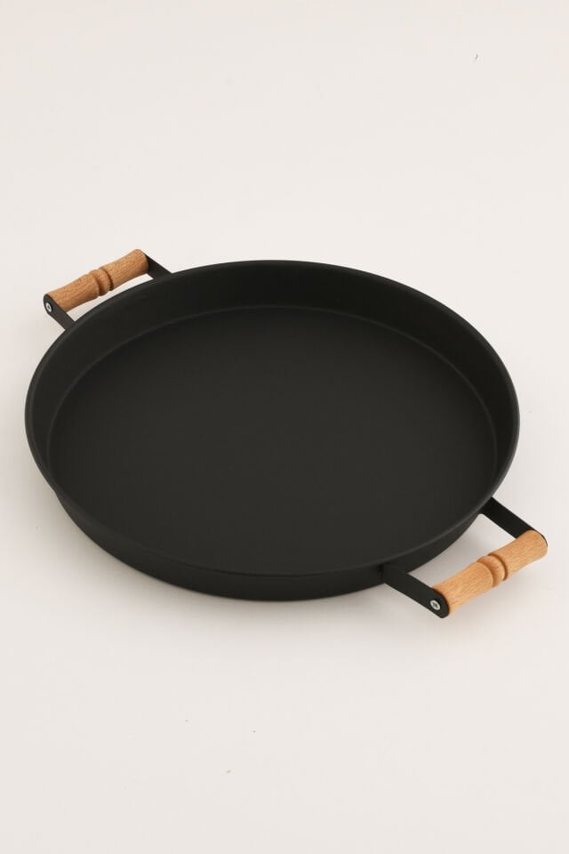 London 31 cm Siyah Sunum Metal Servis Tepsisi Takımı Kahvaltı Ahşap Kulp İkramlık