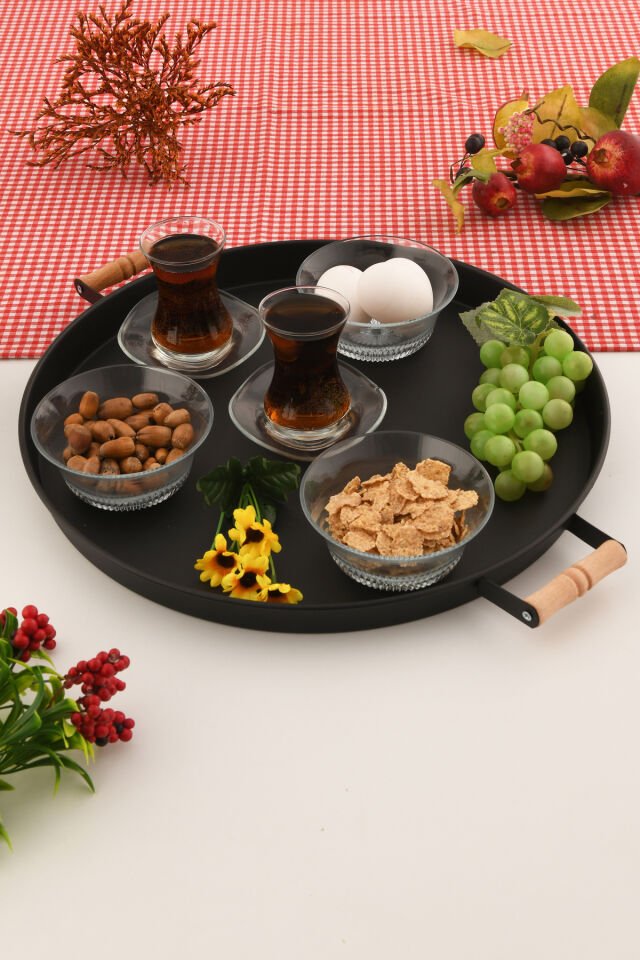 London 37 cm Siyah Sunum Metal Servis Tepsisi Takımı Kahvaltı Ahşap Kulp İkramlık