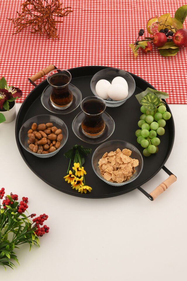 London 37 cm Siyah Sunum Metal Servis Tepsisi Takımı Kahvaltı Ahşap Kulp İkramlık