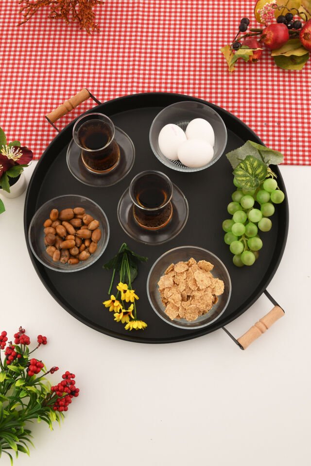 London 37 cm Siyah Sunum Metal Servis Tepsisi Takımı Kahvaltı Ahşap Kulp İkramlık