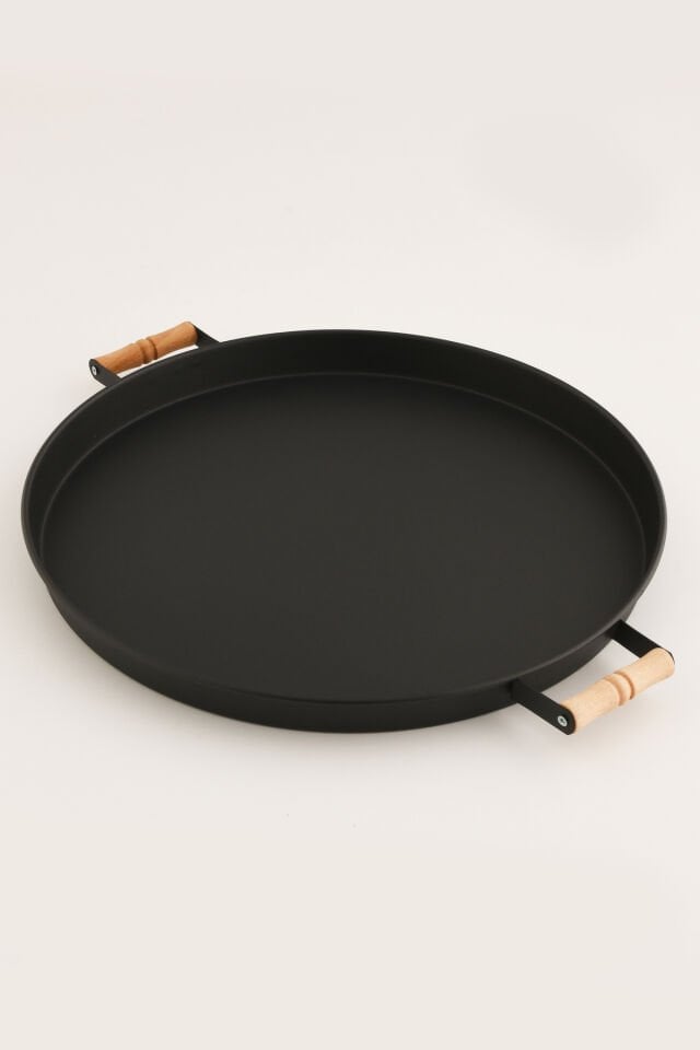 London 37 cm Siyah Sunum Metal Servis Tepsisi Takımı Kahvaltı Ahşap Kulp İkramlık