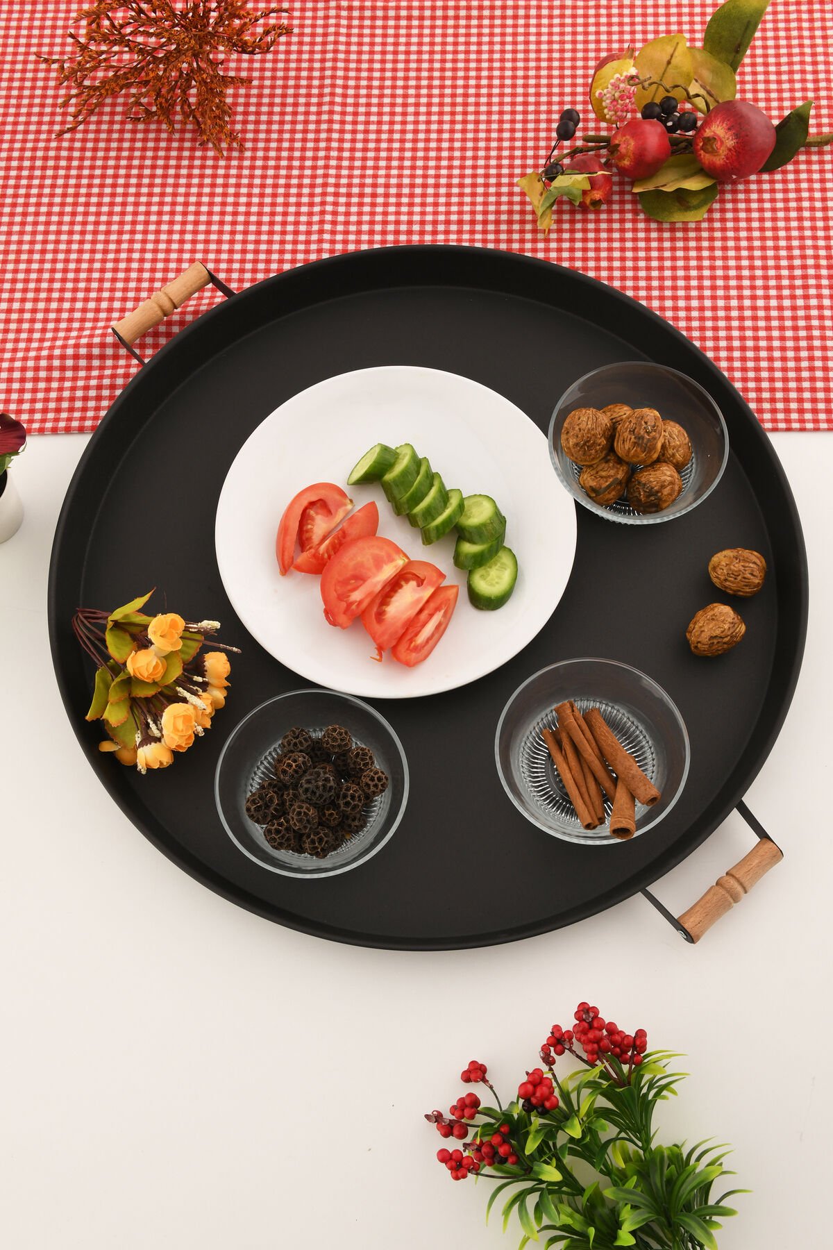 London 57 cm Siyah Sunum Metal Servis Tepsisi Takımı Kahvaltı Ahşap Kulp İkramlık