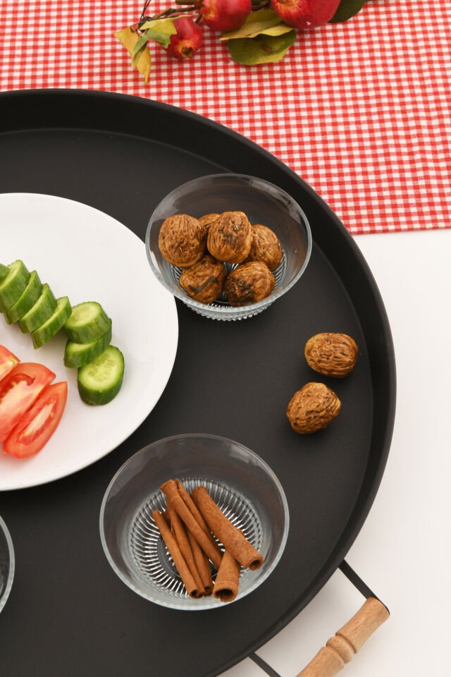 London 57 cm Siyah Sunum Metal Servis Tepsisi Takımı Kahvaltı Ahşap Kulp İkramlık
