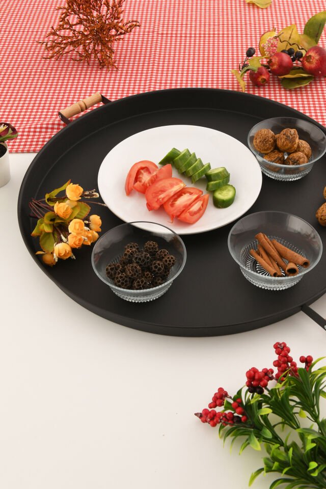 London 57 cm Siyah Sunum Metal Servis Tepsisi Takımı Kahvaltı Ahşap Kulp İkramlık
