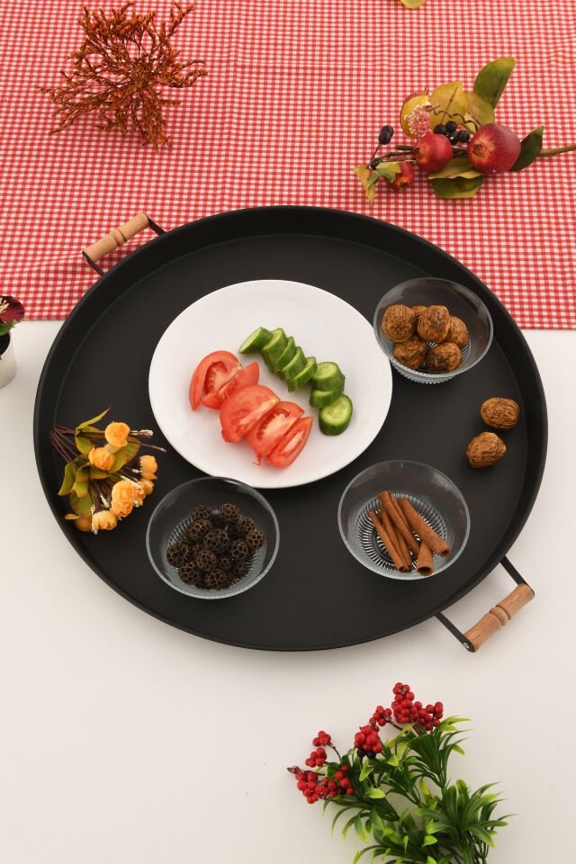 London 57 cm Siyah Sunum Metal Servis Tepsisi Takımı Kahvaltı Ahşap Kulp İkramlık