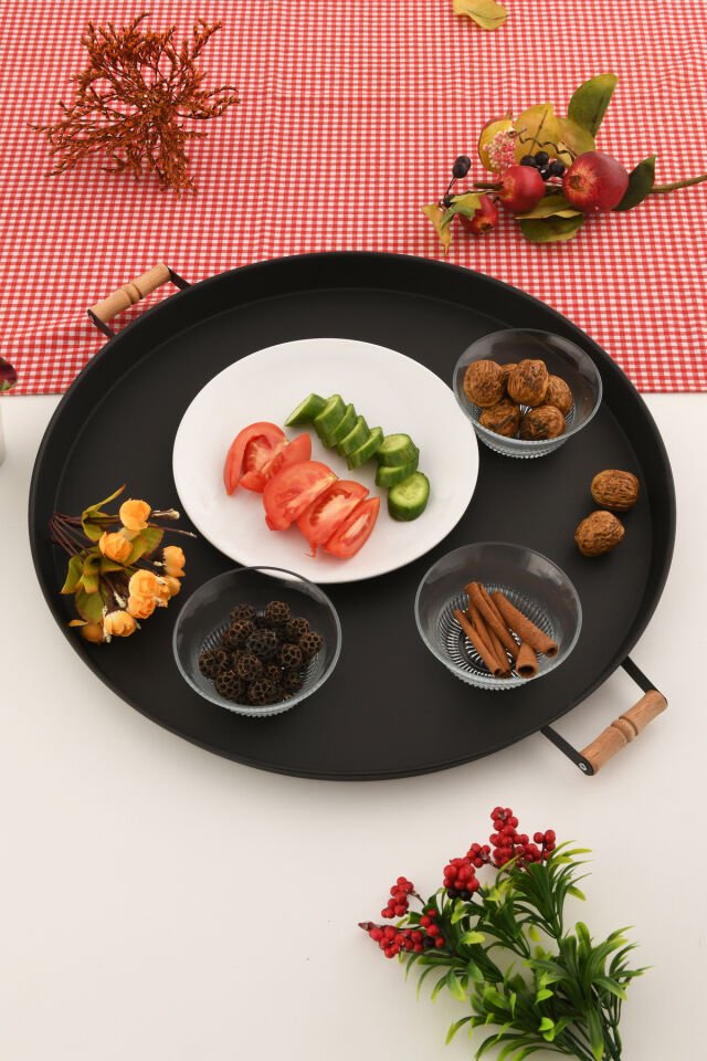 London 57 cm Siyah Sunum Metal Servis Tepsisi Takımı Kahvaltı Ahşap Kulp İkramlık