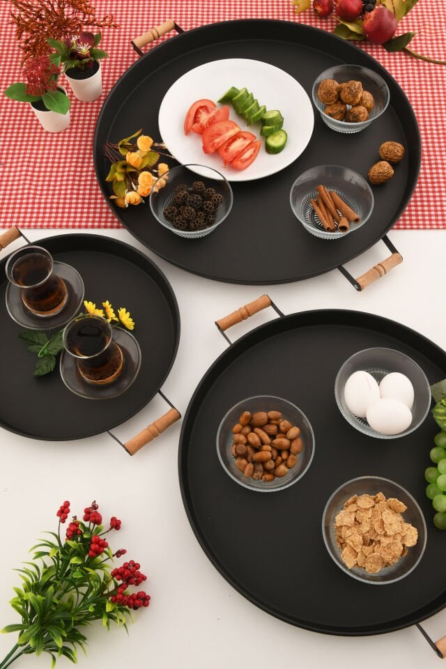 London 3’lü (51, 37, 31 CM) Siyah Sunum Metal Servis Tepsisi Takımı Kahvaltı Ahşap Kup İkramlık