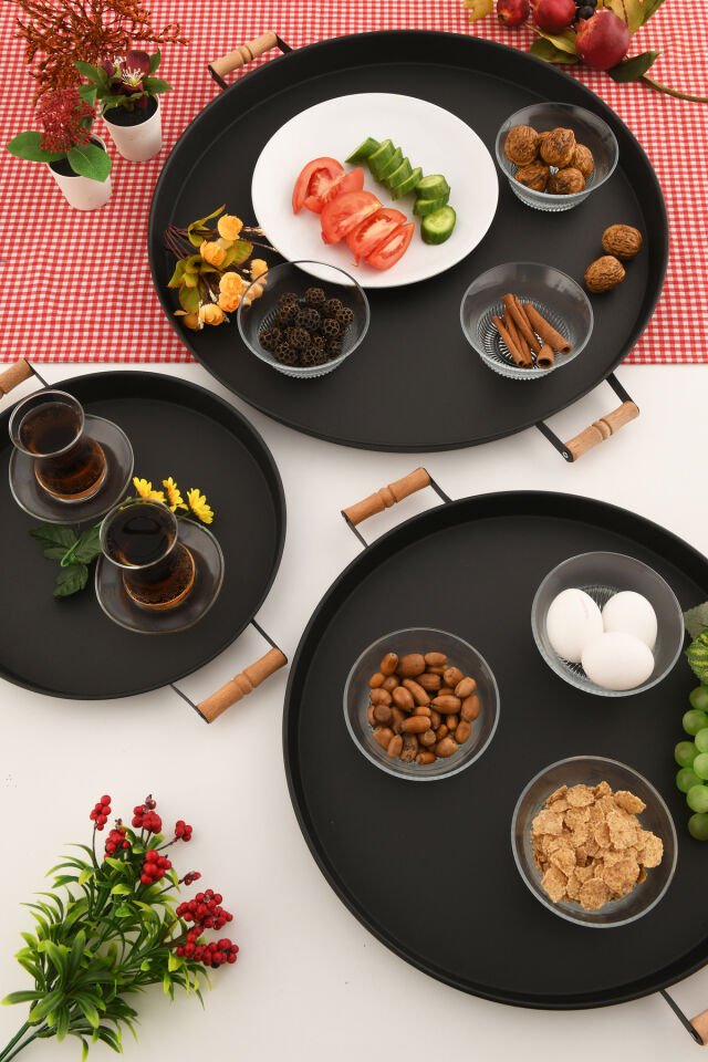 London 3’lü (51, 37, 31 CM) Siyah Sunum Metal Servis Tepsisi Takımı Kahvaltı Ahşap Kup İkramlık