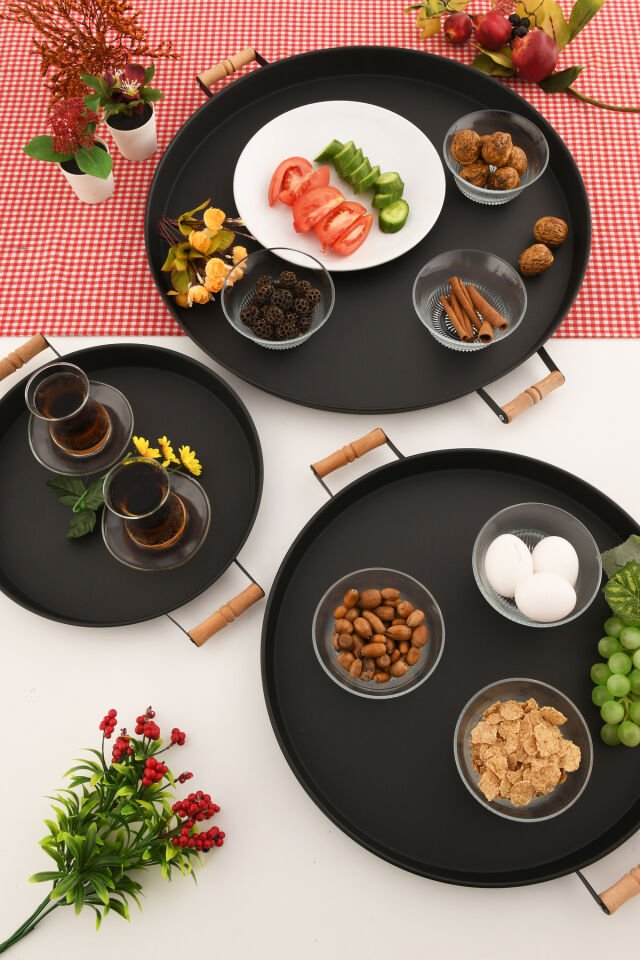 London 3’lü (51, 37, 31 CM) Siyah Sunum Metal Servis Tepsisi Takımı Kahvaltı Ahşap Kup İkramlık