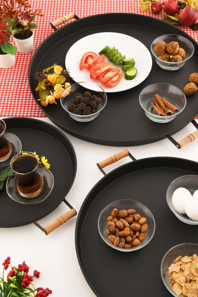 London 3’lü (51, 37, 31 CM) Siyah Sunum Metal Servis Tepsisi Takımı Kahvaltı Ahşap Kup İkramlık