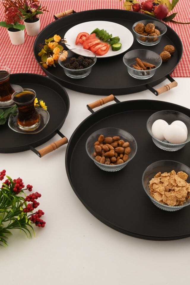 London 3’lü (51, 37, 31 CM) Siyah Sunum Metal Servis Tepsisi Takımı Kahvaltı Ahşap Kup İkramlık