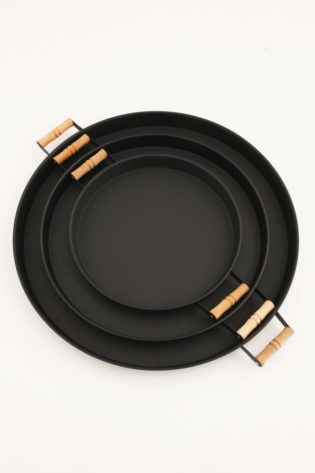 London 3’lü (51, 37, 31 CM) Siyah Sunum Metal Servis Tepsisi Takımı Kahvaltı Ahşap Kup İkramlık