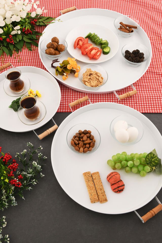 London 3’lü (51, 37, 31 CM) Beyaz Sunum Metal Servis Tepsisi Takımı Kahvaltı Ahşap Kup İkramlık