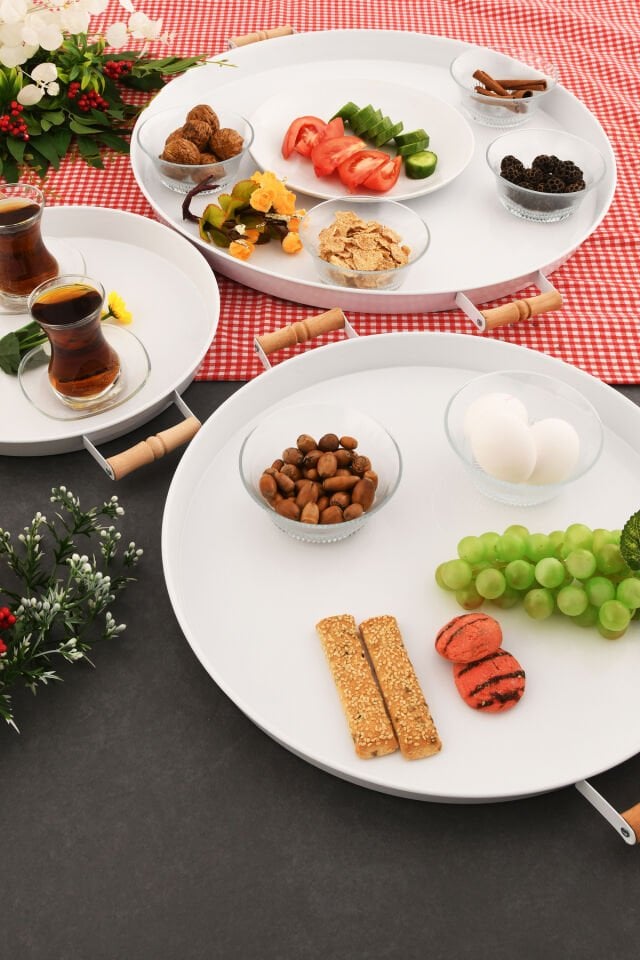 London 3’lü (51, 37, 31 CM) Beyaz Sunum Metal Servis Tepsisi Takımı Kahvaltı Ahşap Kup İkramlık